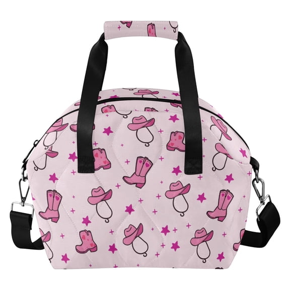 Pink Denim Hat Boot Pattern Women Lunch Bag Quilted Insulated Water Resistant Tote for Work and Picnic