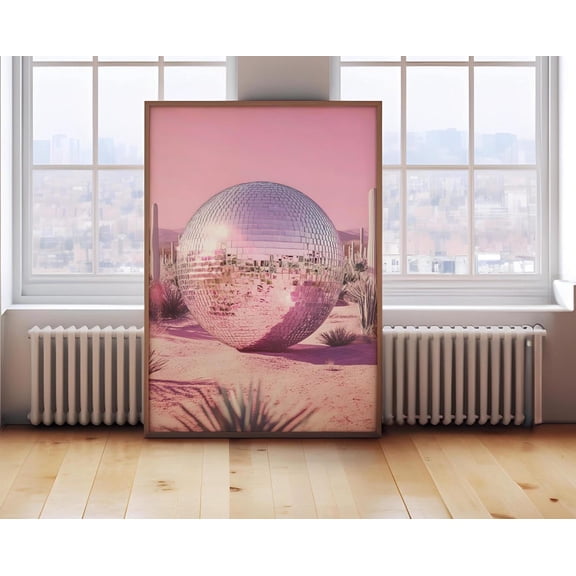 Pink Desert Disco Ball Wall Art Poster, Retro Cactus Landscape Poster, Funky 70S 80S Aesthetic Decor, Surreal Boho Retro1035, Stretched Canvas Size 16x24