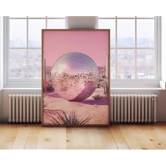 Pink Desert Disco Ball Wall Art Retro Cactus Landscape Funky 70S 80S Aesthetic Decor Surreal Boho Retro Style One, Unframed Paper Print