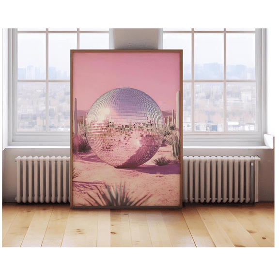 Pink Desert Disco Ball Wall Poster Retro Cactus Landscape Poster 70S 80S Decor Surreal Boho Retro