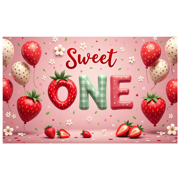 Pink Design First Birthday Banner Strawberry Theme Party Decoration Balloon Design Sweet One Banner for Kids Celebration Indoor Party Decoration