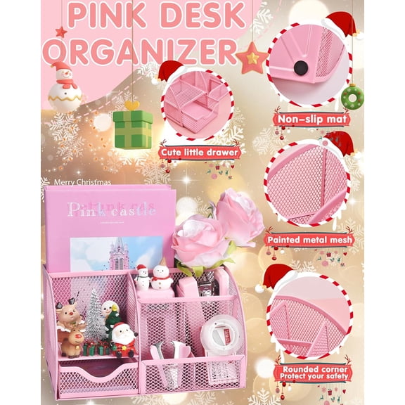 Pink Desk Accessories, 24Pcs Pink Office Supplies and Desk Organizers, with Tape Dispenser, Stapler, Staple Remover, Ect, Gift Box Packaging