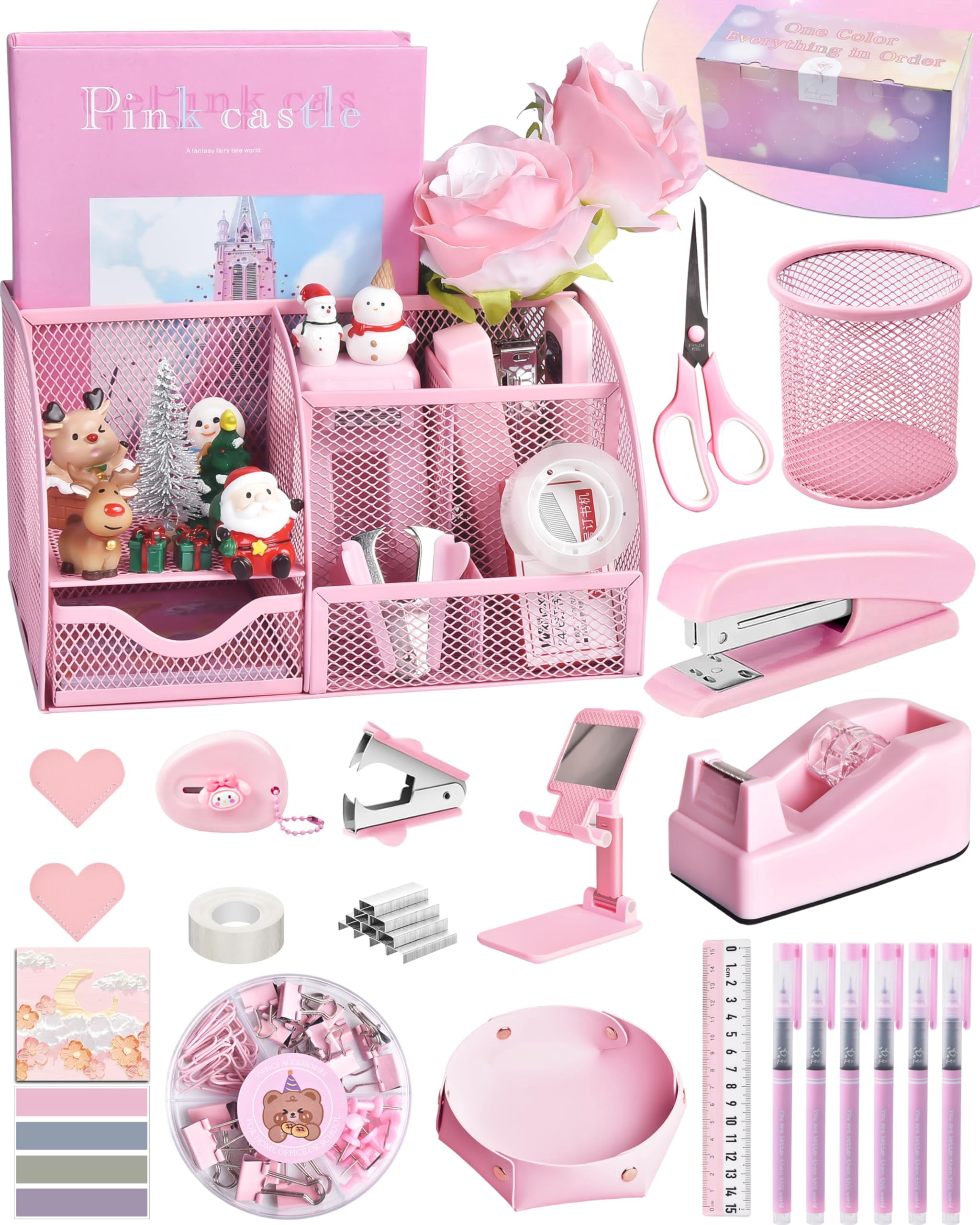 Pink Desk Accessories  24pcs Office Supplies And Organizers With Tape Dispenser Stapler Staple Remover Ect Gift Box Packaging