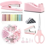 Pink Desk Accessories 7 Pcs, Stapler, Staple Remover, Staples, Tape Dispenser, Clips Set, Scissor, Sticky Note, Pink Office Supplies