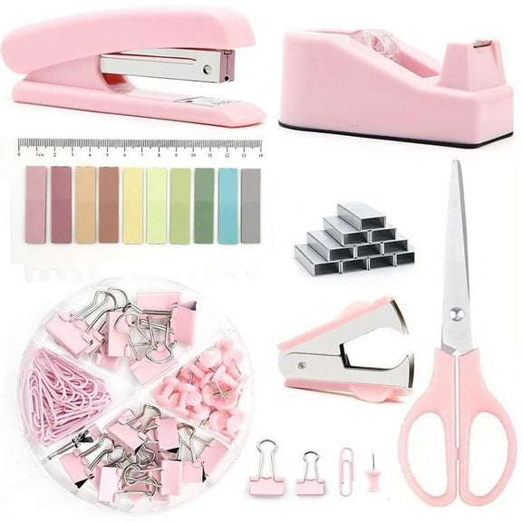 Pink Desk Accessories 7 Pcs, Stapler, Staple Remover, Staples, Tape Dispenser, Clips Set, Scissor, Sticky Note, Pink Office Supplies