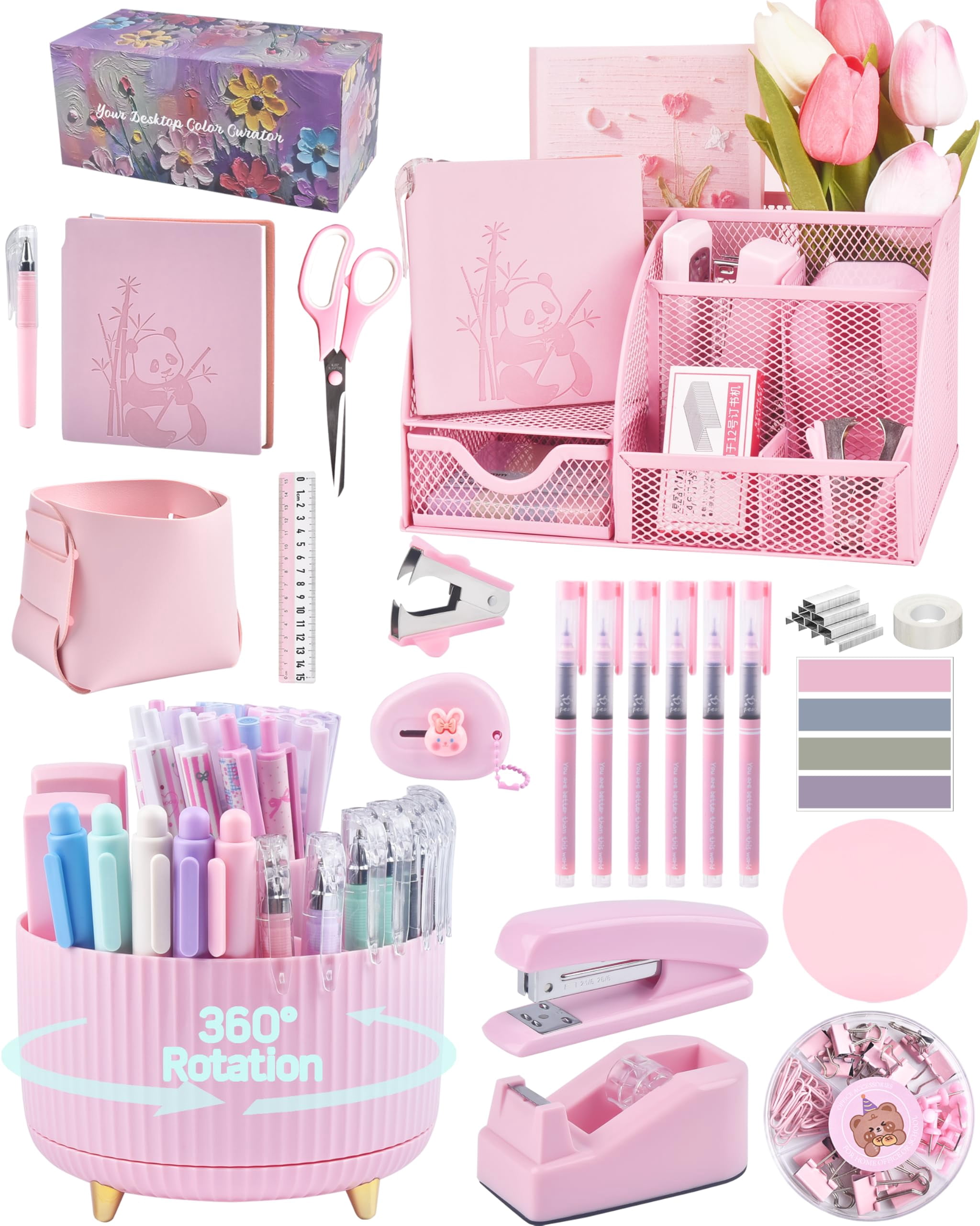 Pink Desk Accessories And Organizers With Organizer 360°rotating Pen Holder Stapler A Lot Of Office Supplies Beautifully Presented In Gift Box