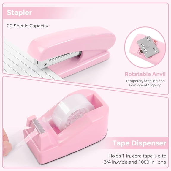 Pink Desk Accessories, Pink Office Supplies Set, Mesh Desk Organizer, Stapler, Tape Dispenser, Scissors, Binder/Paper Clips and 1000pcs Staples,Desk Organizer for Women