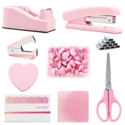 Pink Desk Accessories, Pink Office Supplies with Stapler, Tape Dispenser, Staples, Staple Remover, Push Pins, Scissors, Tabs