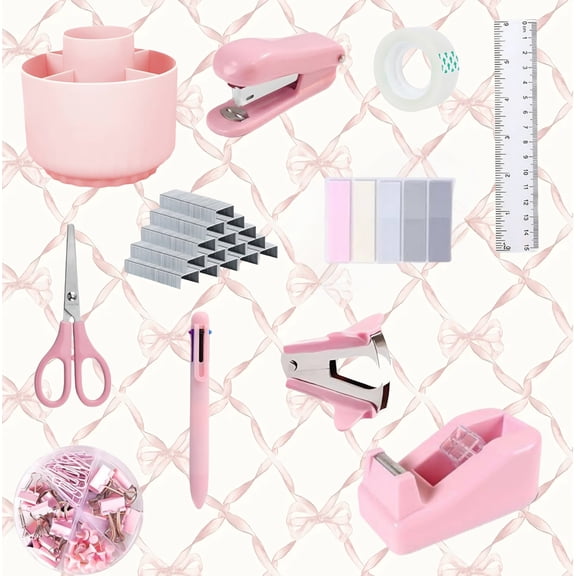Pink Desk Accessory Set - 11 Piece Desk Organizer Set with Pen Holder, Stapler & Remover with Staples, Ruler, Dispenser with Tape, Clips, Scissors Pen & Flags