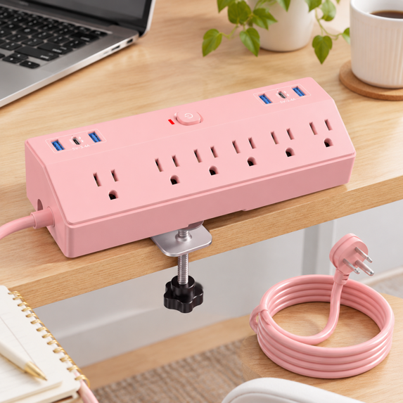 Pink Desk Clamp6ft With 40wb C Ports Flat Plug Mount Surge Protector ...