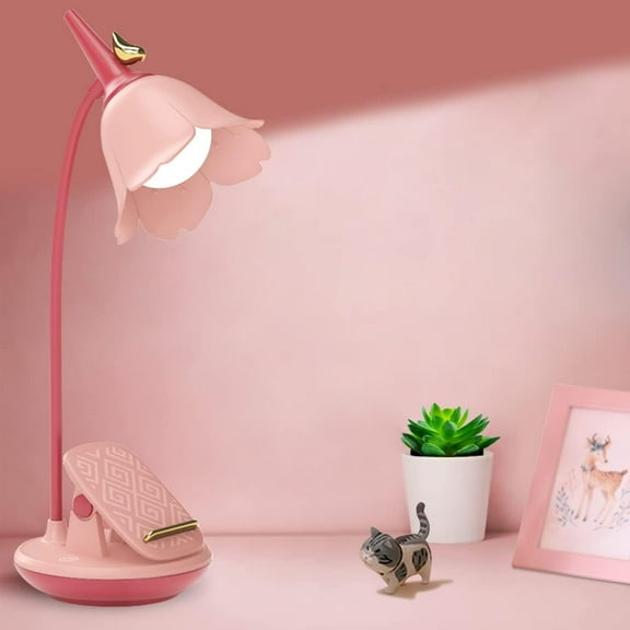 Pink Desk Lamp with Clamp, Rechargeable LED Small Lamp, Adjustable Gooseneck, Dimmable Cute for Kids Girls Bedroom Dorm Office, Learning Homework Pen Holder Desk Lamp Eye Desk