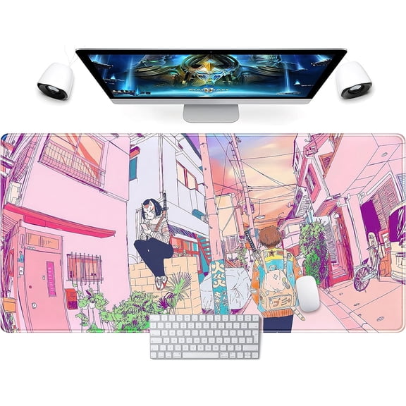 Pink Desk Mat, Anime City Gamer Mouse Pad, Pastel Gaming Large Mousepad, Kawaii Office Decor for Women Keyboard Mat, Cute Pink Desk Pad with Stitched Edges and Non-Slip Rubber Base Computer Mat