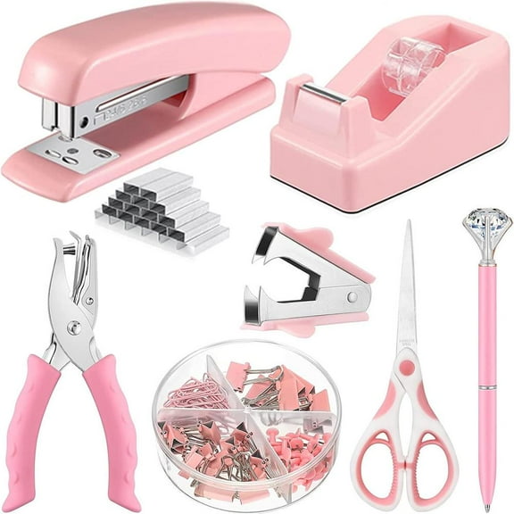 Pink Desk Office Supplies Kit for Women, Pink Desktop Stapler, Tape Dispenser