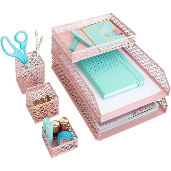 Organizer Set for Women | 6-Piece Interlocking Office Supplies Set with Pen Cup, Accessory Trays & Letter Trays | Pink Room Decor for Workspace, Home Office & Study Areas