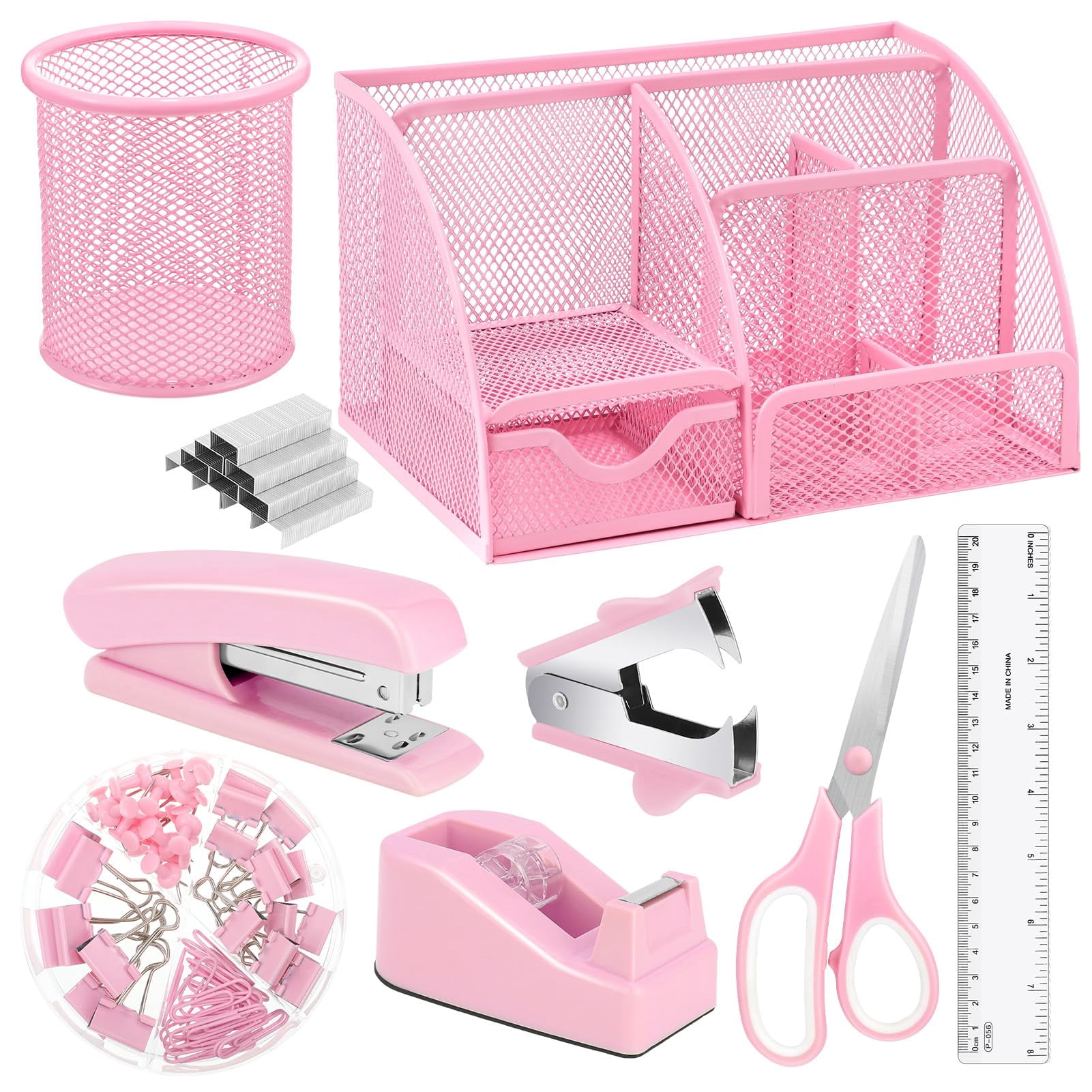 Pink Desk Organizers And Accessories  Office Supplies Include Mesh Organizer Tape Dispenser Stapler 1000 Staples Staple Remover Pen Holder Clips Set Ruler