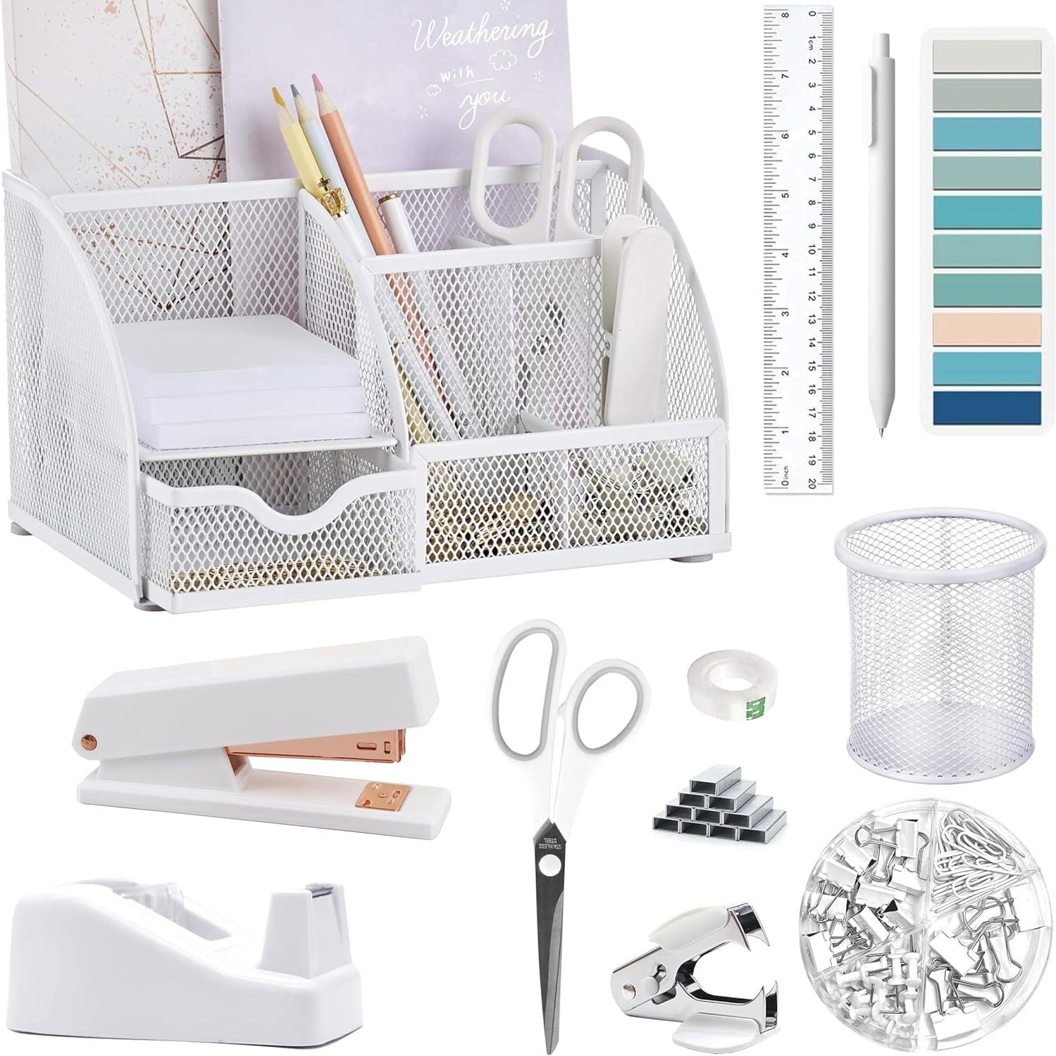 Pink Desk Organizers & Accessories Set, Tape Dispenser, Stapler, Ruler