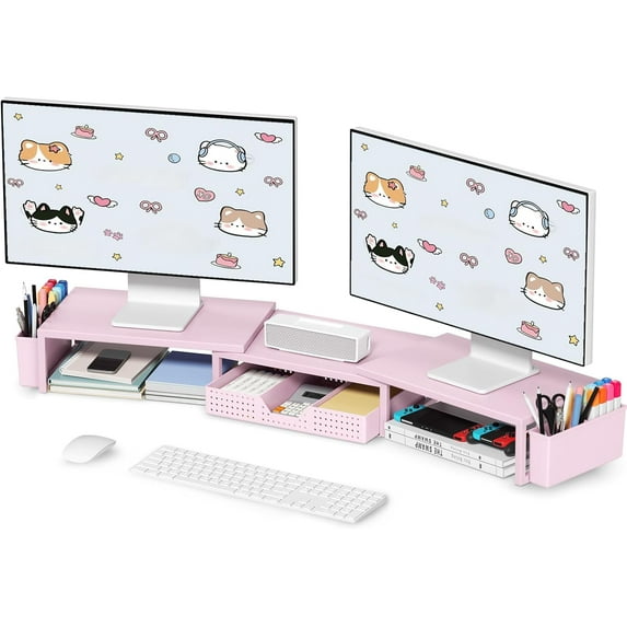 Desk Organizers and Accessories, Dual Monitor Stand Riser with Drawer and 2 Pen Holders, Desk Shelf Metal Computer Racks for Office Workspace Organizers, Desktop Organization (Black)