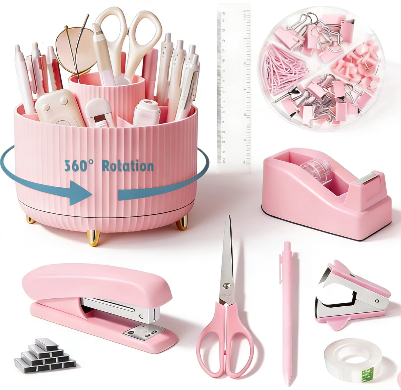 Pink Desk Organizers And Accessories Set With 360-degree Rotating Pen Holder  Tape Dispenser Stapler Staple Remover 1000 Staples Clips Ruler Scissor