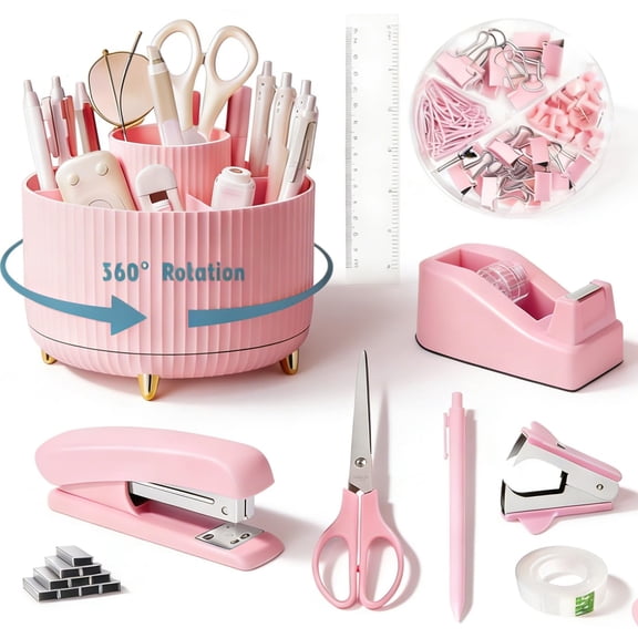 Pink Desk Organizers And Accessories Set With 360-degree Rotating Pen Holder Tape Dispenser Stapler Staple Remover 1000 Staples Clips Ruler Scissor