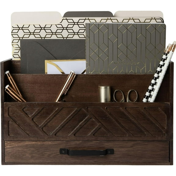 | Pink Desk Organizers Wooden Mail Organizer with Drawer | Mail Sorter Organizer Countertop Gold Handle | Desk Organizers and Accessories Pink Office Storage