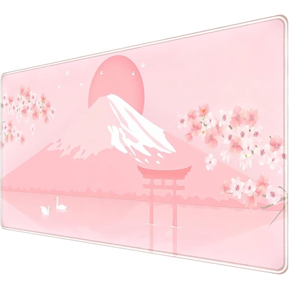 Pink Desk Pad, Japanese Mount Fuji Mouse Pad XXL, Cute Cherry Blossom Deskmat, Large Anime Game Computer Keyboard Mouse Mats, Women Full Desktop Protector, Home Office Accessories 31.5"X15.7"