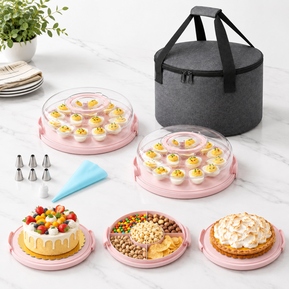 Pink Deviled Egg Carrier With Lid, Holds 15 Eggs, Multi-use Storage Tray With Tote Bag & Piping Kit