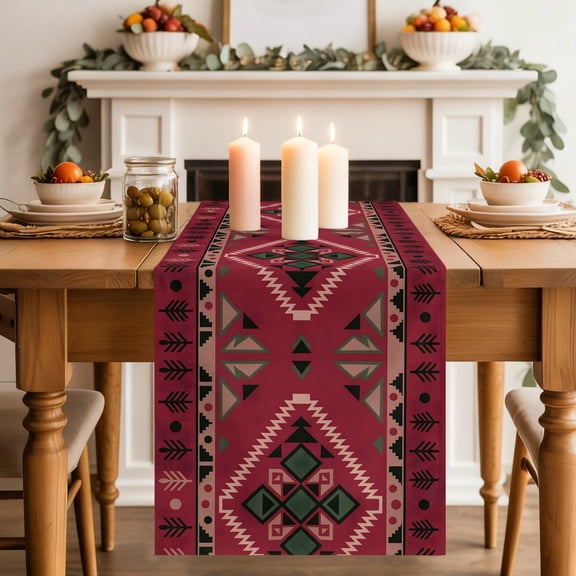 Pink Diamond Center Dining Table Runner, Ethnic Boho Woven Texture Pine Tree Border Washable Table Runners Kitchen Coffee Table Center Decor for Home Party Holiday Wedding 13 x 36 Inches