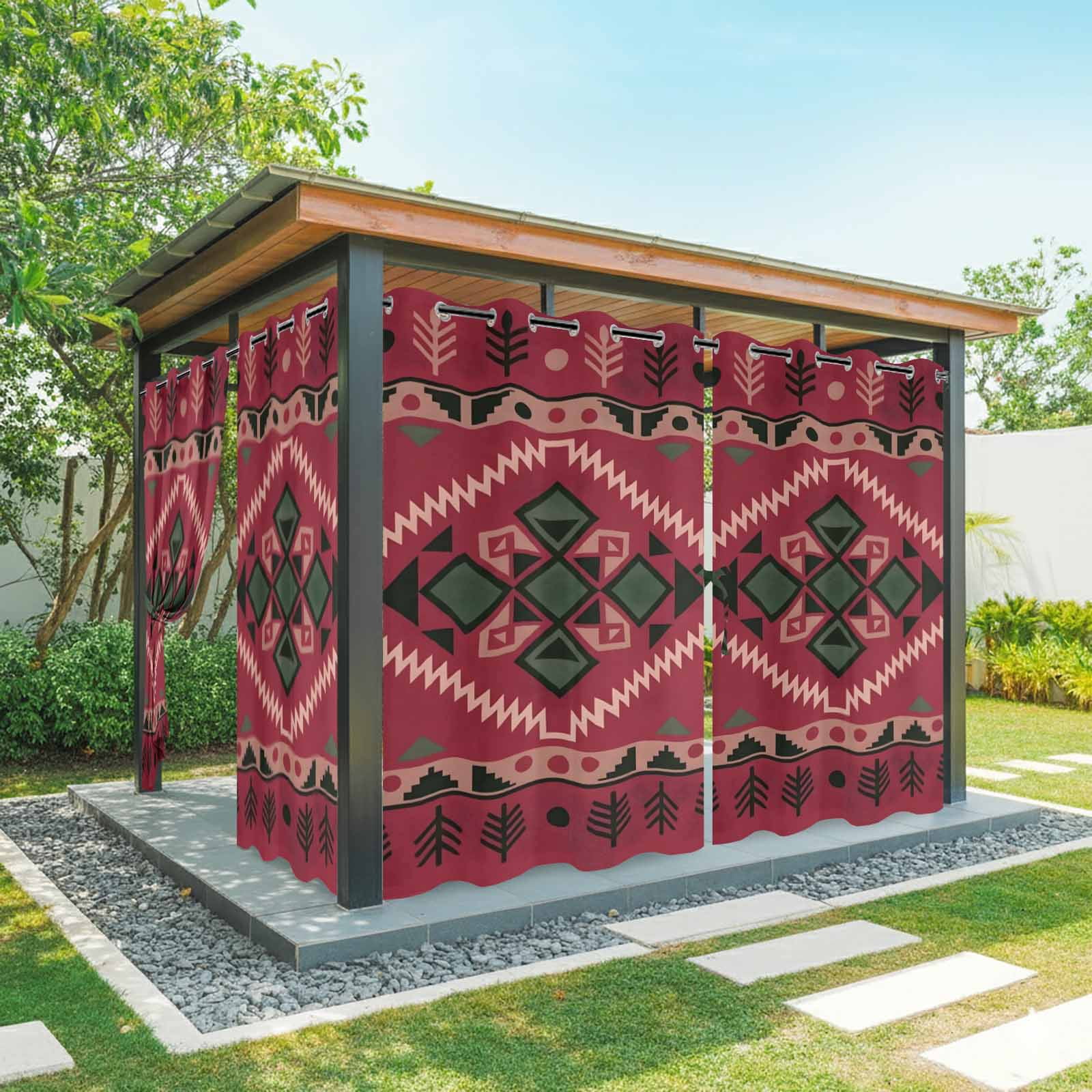 Pink Diamond Center Outdoor Curtains for Patio, Ethnic Boho Woven Texture Pine Tree Border Sunshade Privacy Drapes Grommet Waterproof Outside Curtains for Porch/Cabana/Balcony 54"x 108", 1 Panel