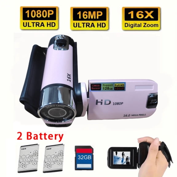 Pink Digital Camera with 32G Card With Dual Batteries, 16MP 1080P HD Video Recording, Wide Angle Vlog Camera for Teens Students Girls, Instant Upload to Phone, Mini Camera for Travel Daily Use