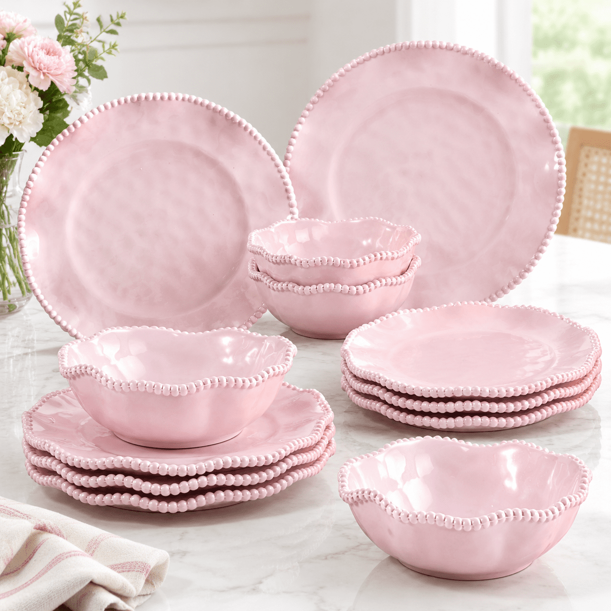 Pink Dinnerware Set for 4 with Beaded Scalloped Edge, Glitter Finish ...