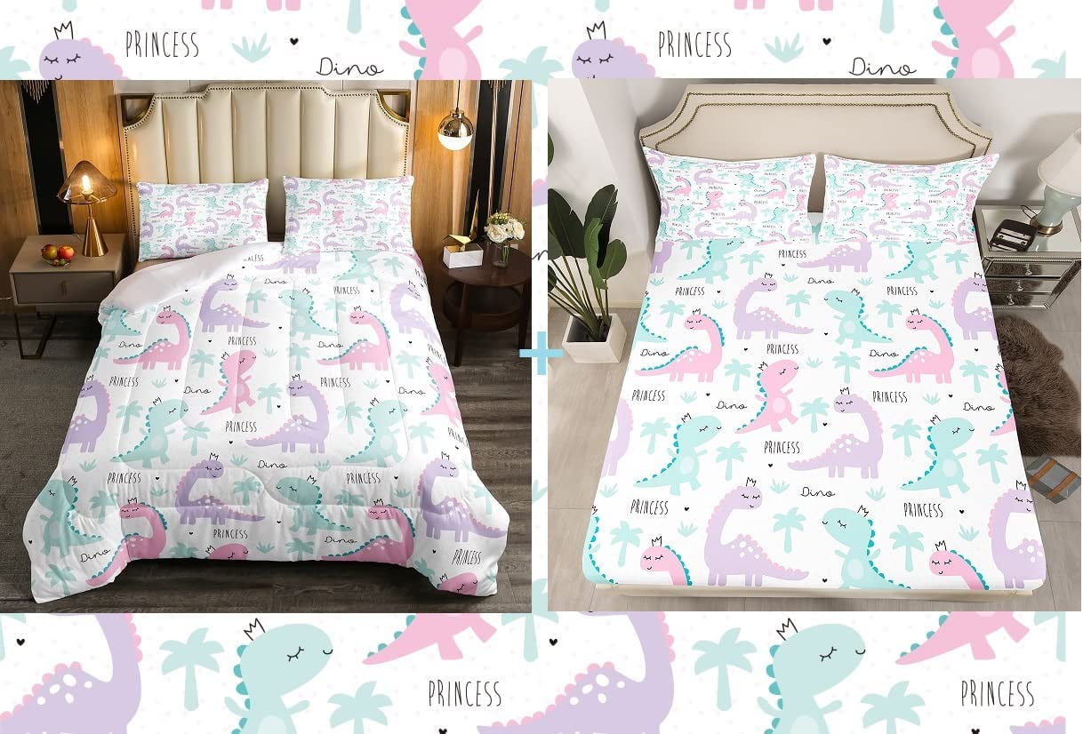 Pink Dinosaur Bedding Sets and Dinos Fitted Sheet (1 Comforter + 1