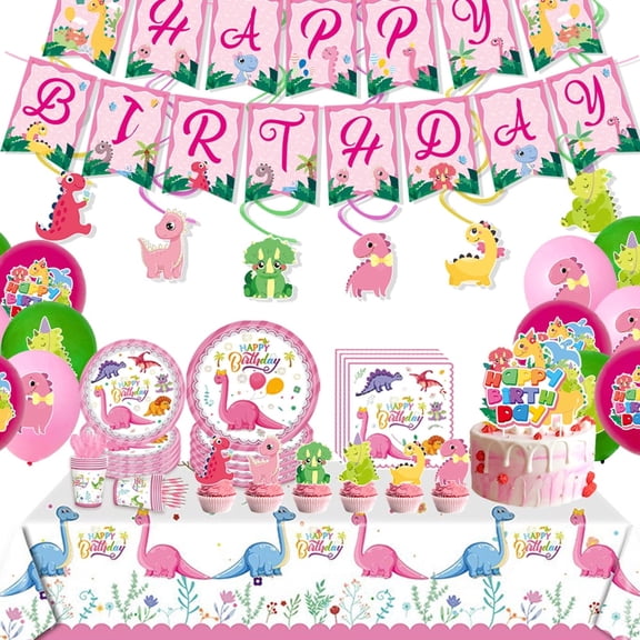 Pink Dinosaur Birthday Party Supplies, Dinosaur Disposable Tableware Set, Include Banner, Hanging Swirl, Balloons,Plates,Napkins,and More, for Dinosaur Theme Kids Birthday Party Gift