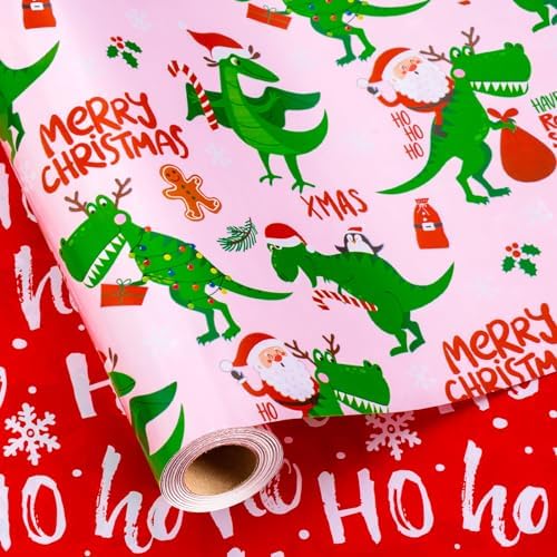 Pink Dinosaur Christmas Wrapping Paper, Pink Gift Wrap, Funny Dinosaur
