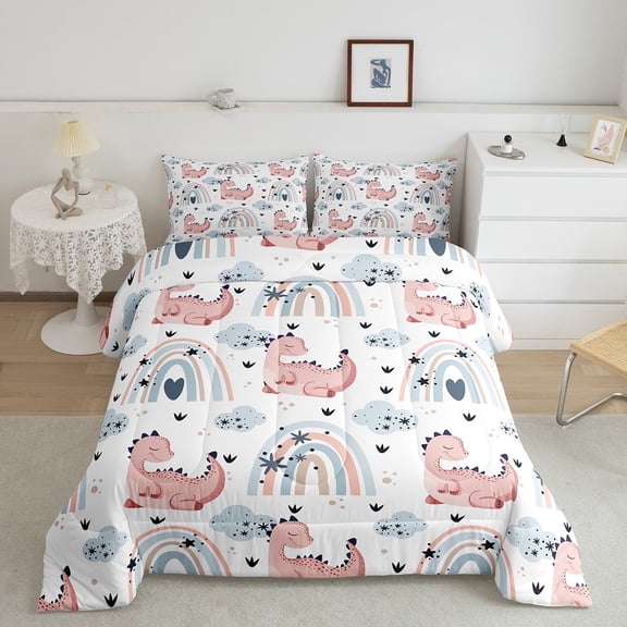 Pink Dinosaur Comforter Set Kawaii Room Decor,Cute Rainbow Bedding Set Bedroom,Blue Clouds Cartoon Dinos Down Comforter Twin Size,Wildlife Jungle Animals Quilt
