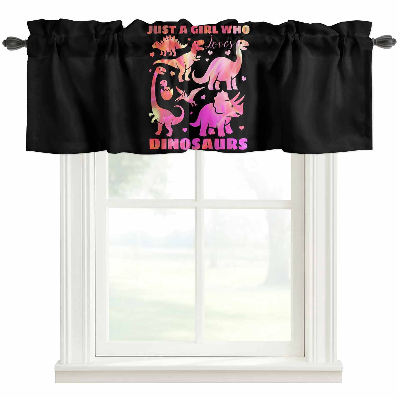 Pink Dinosaur Farmhouse Short Window Curtain Valances, JUST A Boy Who Loves Dinosaur Jungle Animals Rod Pocket Kitchen Valances for Living Room Bedroom Bathroom Cafe 42" x 18"