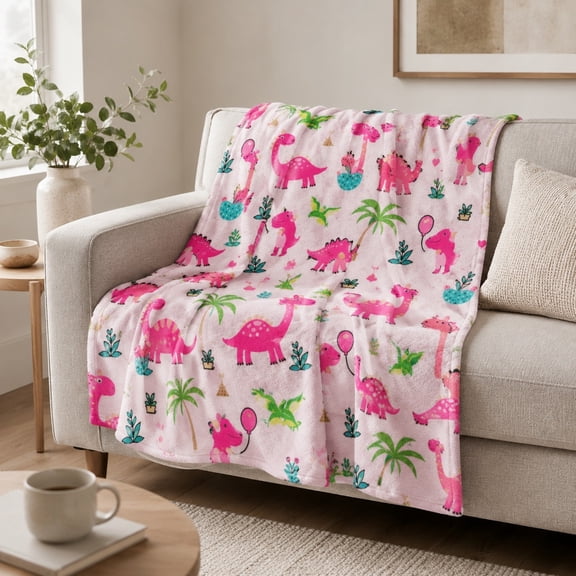Pink Dinosaur Fleece Blanket, 280 GSM Soft Throw for Couch or Living Room