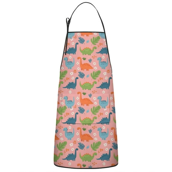 Pink Dinosaur Floral Pattern Apron-Garden Aprons for Women with Pockets-Cotton Linen Waterproof Kitchen Cooking Gardening Aprons Adjustable for Kitchen,Cooking,BBQ and Salon 33x27 Inch