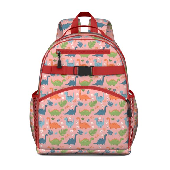 Pink Dinosaur Floral Pattern Backpack for School,Cute School Bag,Schoolbag with Adjustable Shoulder Straps & Padded Back,15.25"x11.5"x5.25"