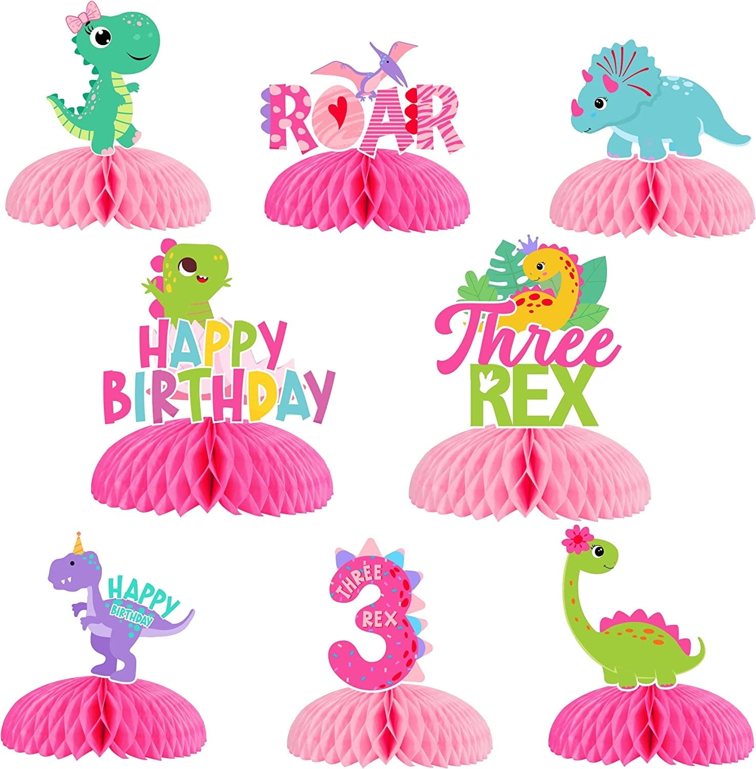 Pink Dinosaur Honeycomb Centerpieces, Little Dino Three Rex Roar Birthday Table Topper Decorations for Girls T-Rex Themed 3rd Birthday Party Supplies