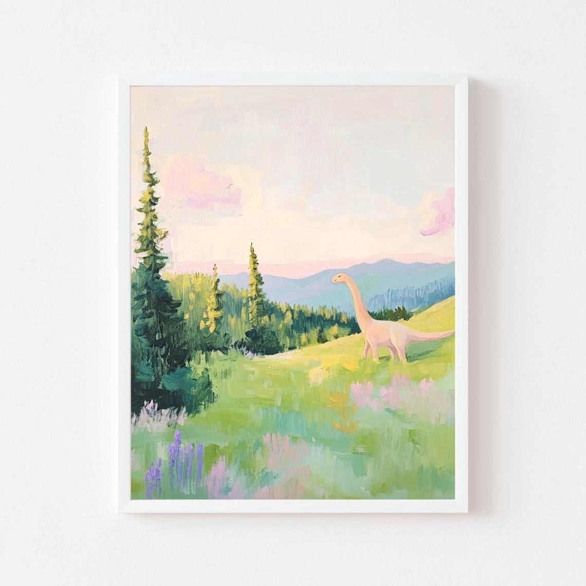 Pink Dinosaur Painting Pastel Brontosaurus Wall Art Print Magical Boy'S Room Colorful Animal Kid'S Playroom For Home Decor, Living Room, Poster Only, Poster Home Decor, Poster Only