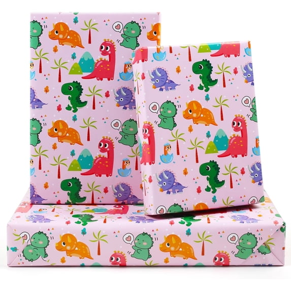Pink Dinosaur Wrapping Paper for Girl Kids Boys, 6 Sheets Pink Dino Jurassic Birthday Gift Wrap Paper, 20 x 30 inch Per Sheet Gift Paper for Birthday, Baby Shower, Kindergarten Newborn