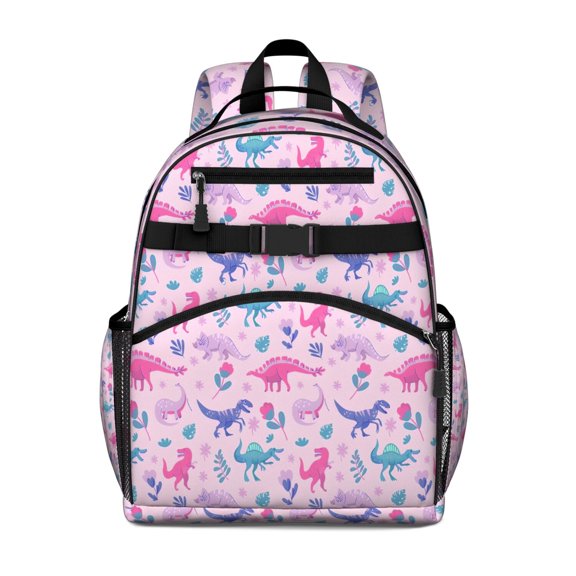 Pink Dinosaurs Flowers Leaves Pattern Backpack for School,Cute School Bag,Schoolbag with Adjustable Shoulder Straps & Padded Back,15.25"x11.5"x5.25"