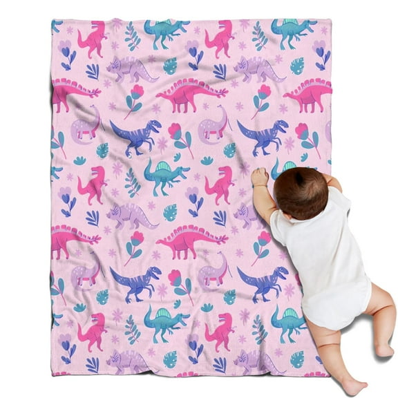 Pink Dinosaurs Flowers Leaves Pattern Blanket,Comfortable Soft Lamb Wool Throw Blanket,All Season,Warm Lightweight Blankets for Sofa Bed Couch Living Room Chair,30"x40"