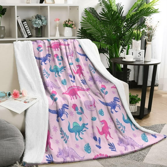Pink Dinosaurs Flowers Leaves Pattern Blanket,Comfortable Soft Lamb Wool Throw Blanket,All Season,Warm Lightweight Blankets for Sofa Bed Couch Living Room Chair,50"x60"