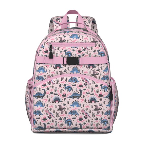Pink Dinosaurs Plants Pattern Backpack for School,Cute School Bag,Schoolbag with Adjustable Shoulder Straps & Padded Back,15.25"x11.5"x5.25"