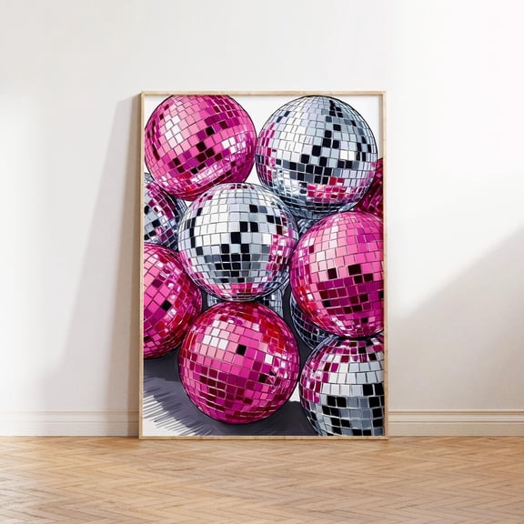 Pink Disco Ball Funky 70s Wall Art, Unframed Paper Print Size 8x12