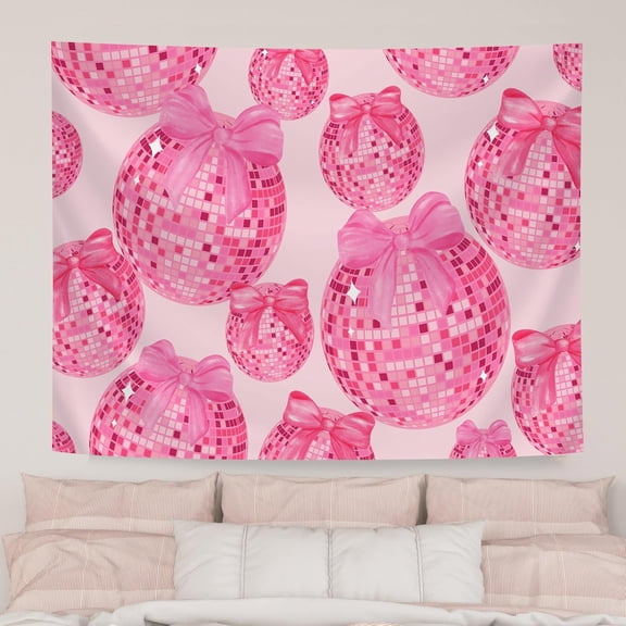 Pink Disco Ball Tapestry, 60x40inch, Preppy Retro Disco Balls Pink Bow Tapestries for Teen Girls Aesthetic Tapestry Wall Hanging for Living Room College Dorm