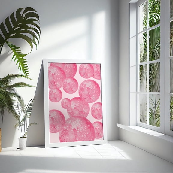 Pink Disco Ball Wall Art 70s Vibes Blush Retro Decor Funky Sparkle Room Decoration Unframed Paper Print