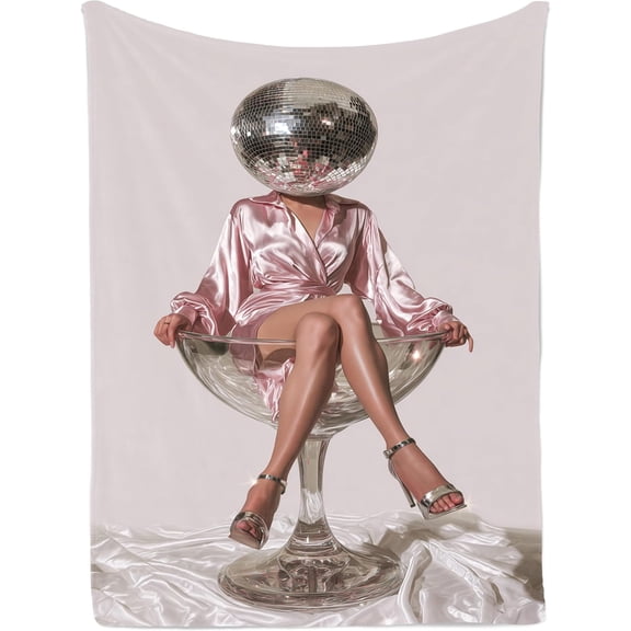 Pink Disco Ball Woman Tapestry Wall Hanging, Retro Glam Art Print for Bedroom, Dressing Room, or Modern Lounge Wall Decor 30x40inch