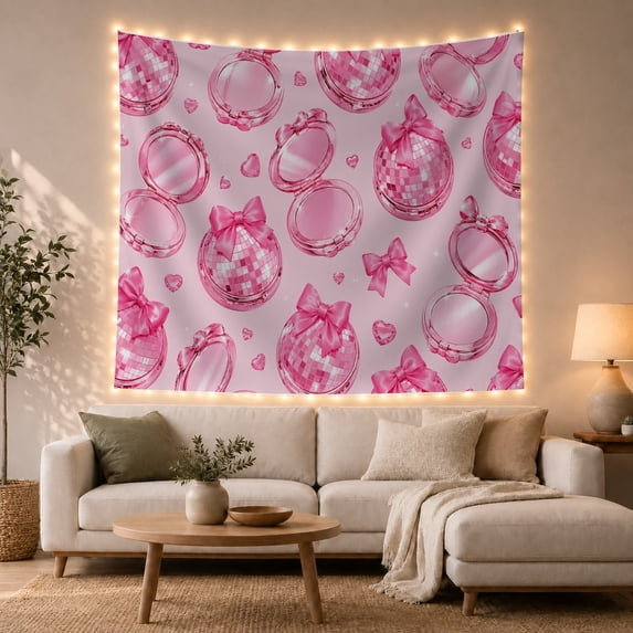 Pink Disco Balls with Satin Bows on Lavender Background, Whimsical Retro Decor for Teen Girls, Glam Room Art Poster, Birthday Gift Tapestry Wall Hanging for Bedroom and Dorm